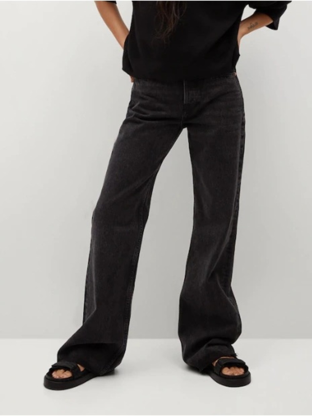 Mango Women 10 Black Raw Hem Button Fly Ariadna High Waist Wide Leg Jeans NWT